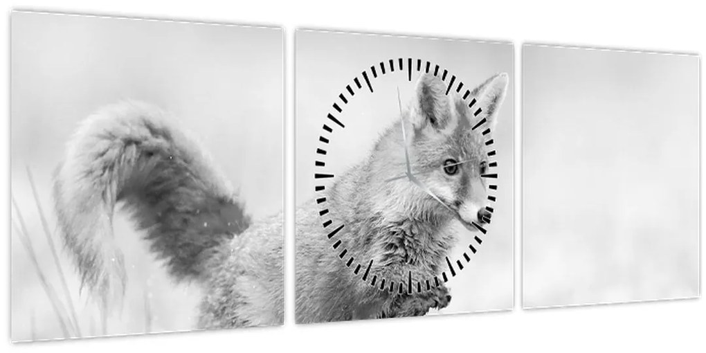 Tablou - Vulpe care sare,alb-negru (cu ceas) (90x30 cm)