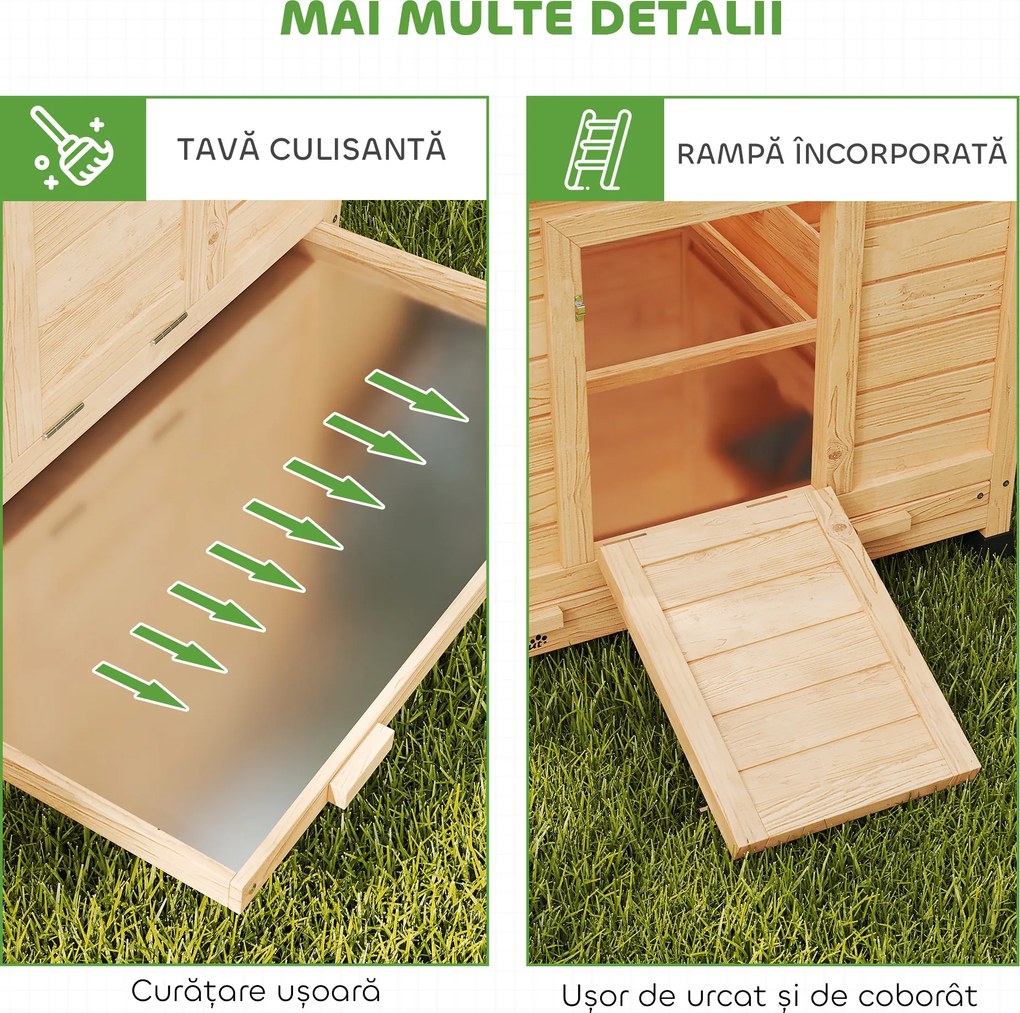 PawHut Coteț din Lemn cu 2 Căsuțe, Coteț pentru Găini de Exterior cu Acoperiș Impermeabil, Tavă Detașabilă și Bare, Adăpost pentru 2-4 Găini, Rațe, Grădină, 150x100x96,5 cm, Galben | Aosom Romania