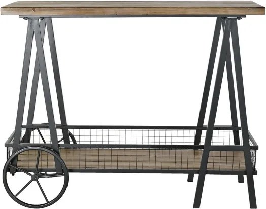 Consolă decorativă cu roți, stil industrial modern, culoare natur, din metal și lemn de molid, „Spruce”