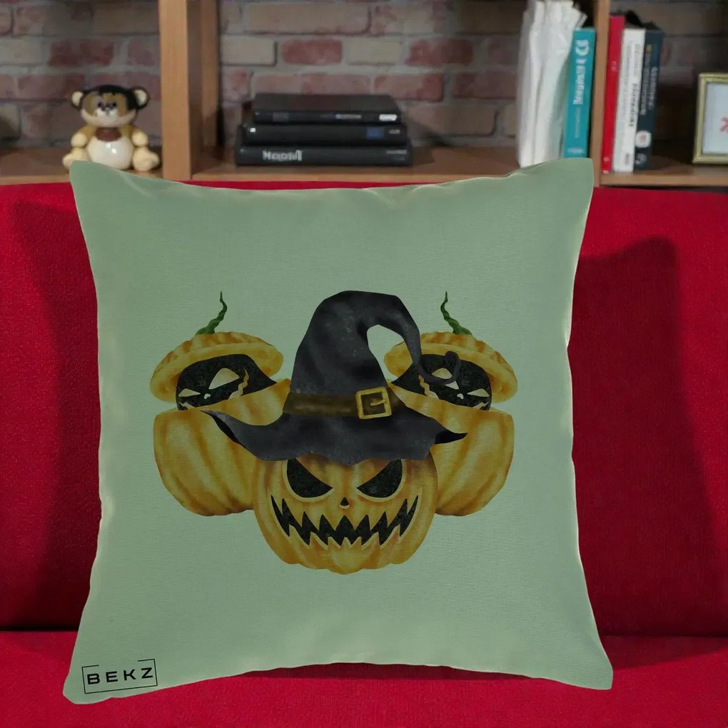 Perna Decorativa Trio Dovleci Jack-o-Lantern cu Palarie Vrajitoare, 40x40 cm, Verde, Husa Detasabila, Perna Inclusa, BEKZ®