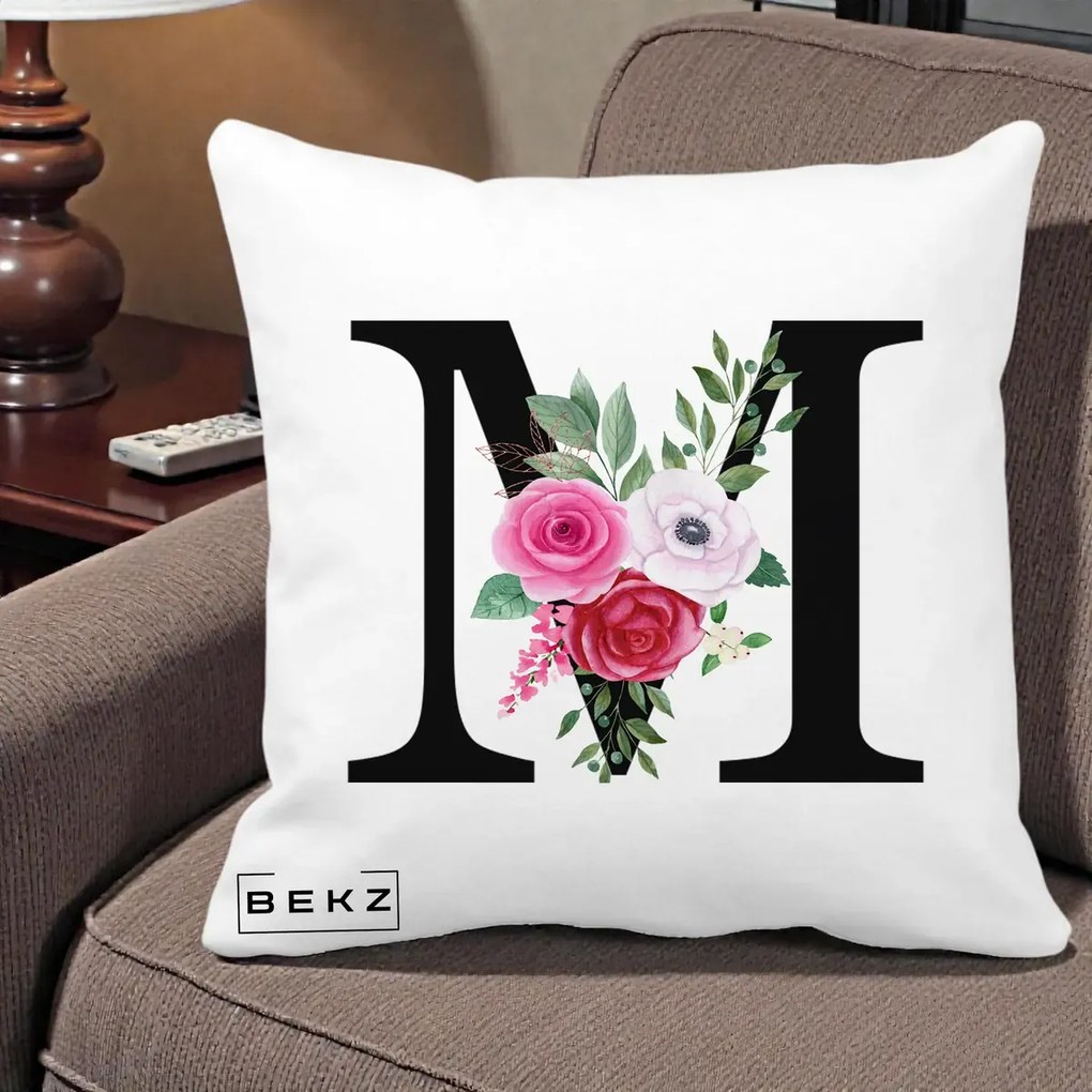Cadou Personalizat - Perna Personalizata Monograma Florala Litera M cu Trandafiri si Anemona, 40x40 cm, Alba Mata, Husa Detasabila, Perna Inclusa, BEKZ®
