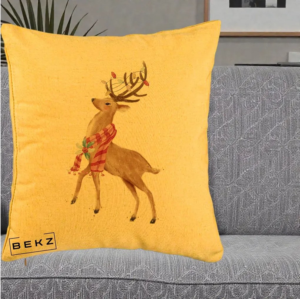 Perna Decorativa Renita cu Fular si Luminite, 40x40 cm, Galben, Husa Detasabila, Perna Inclusa, BEKZ®