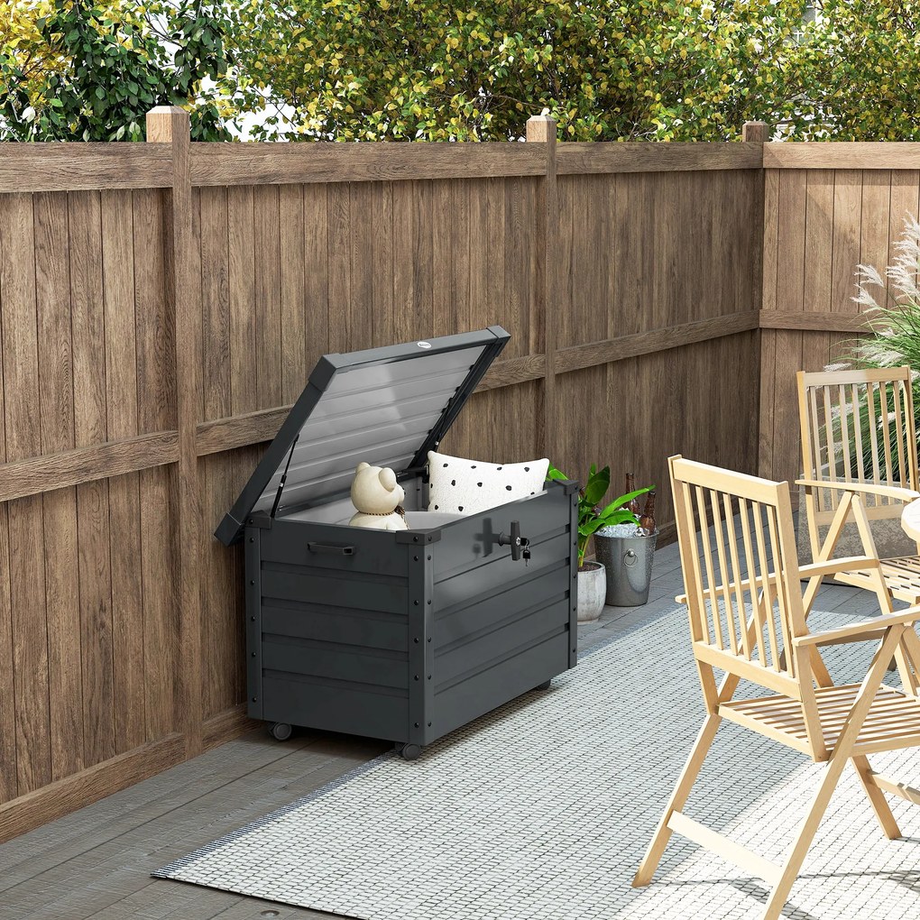 Outsunny Ladă de Grădină de 295L cu Încuietoare, 2 Mânere și 4 Rotile, Mobilier Depozitare din Oțel, 100x62x65 cm, Gri | Aosom Romania