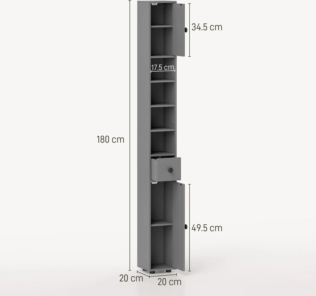 kleankin Dulap de baie, 4 rafturi, sertar, PAL, design subțire, Gri | Aosom Romania
