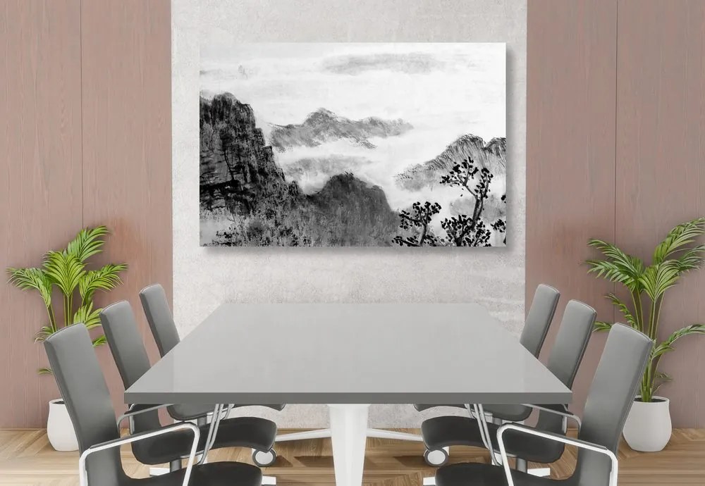 Tablou pictură tradițională chineză ale peisajului în design alb-negru