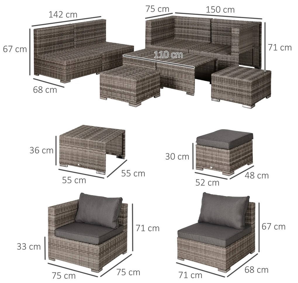 Outsunny Set 8 piese Canapea cu Masuta de cafea In Aer Liber din Ratan PE si structura de aluminiu, 75x75x71cm Gri | Aosom Romania