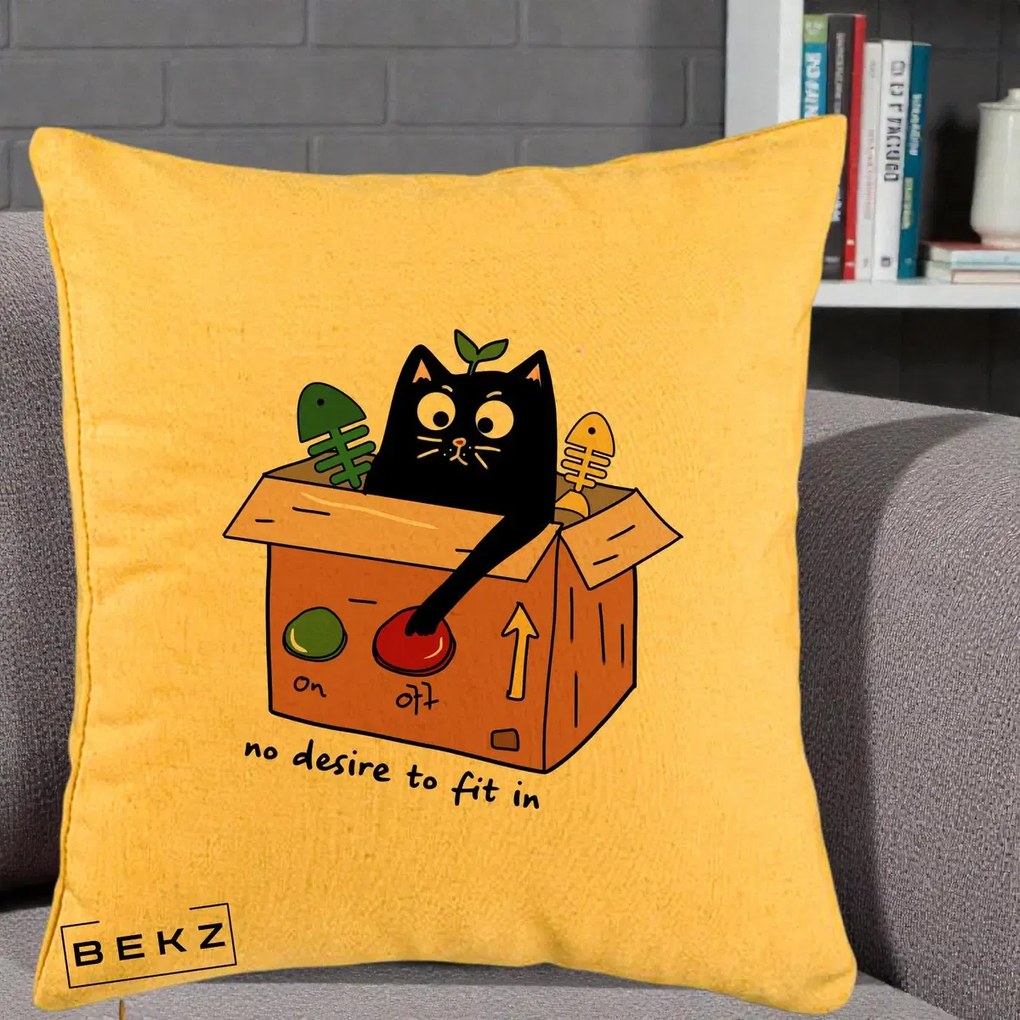 Perna Decorativa Pisica in Cutie No Desire to Fit In, 40x40 cm, Galben, Husa Detasabila, Perna Inclusa, BEKZ®