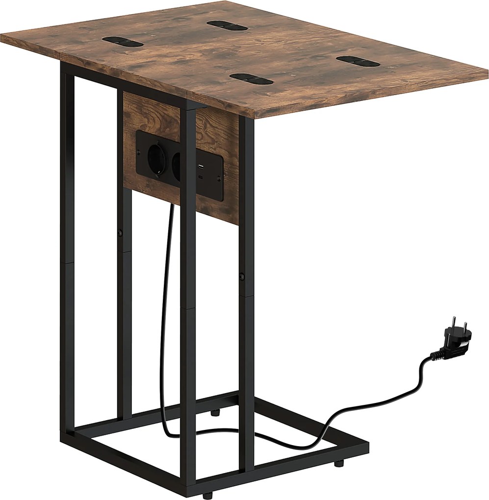 HOMCOM Măsuță de cafea în formă de C, extensibilă, cu 2 stații de încărcare, lemn și metal, 39x29x57 cm, negru și maro | Aosom Romania