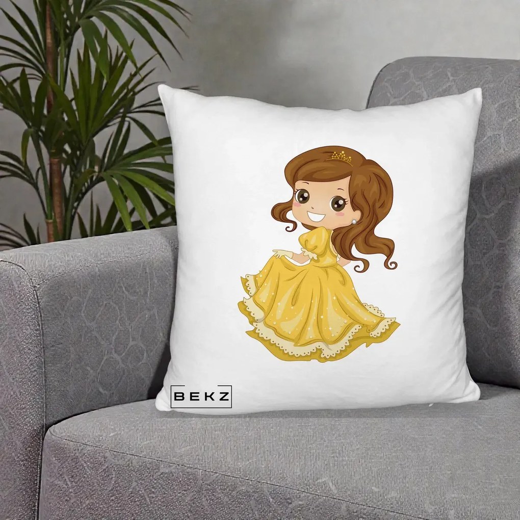 Perna Decorativa Printesa Bella Rochie Aurie, 40x40 cm, Alb Pufos, Husa Detasabila, Perna Inclusa, BEKZ®