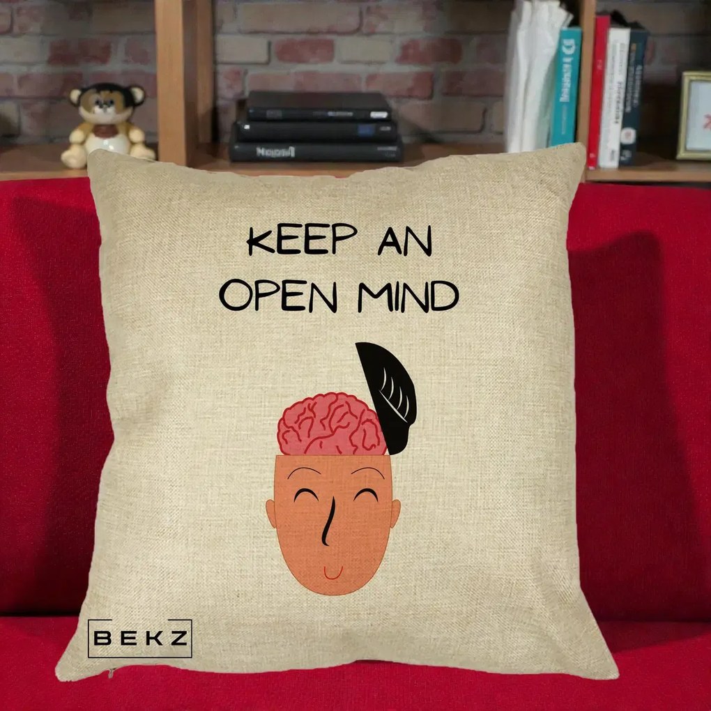 Perna Decorativa Keep An Open Mind, 40x40 cm, Crem, Husa Detasabila, Perna Inclusa, BEKZ®