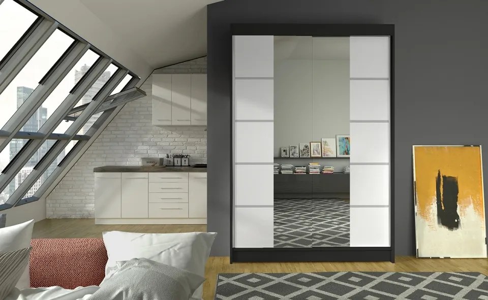 Dulap Dormitor Genua ADRK 120 x 200 cm cu Uși Glisante și Oglindă | Design Modern | Spații de Depozitare Generoase (Culoare: Alb / Sonoma)