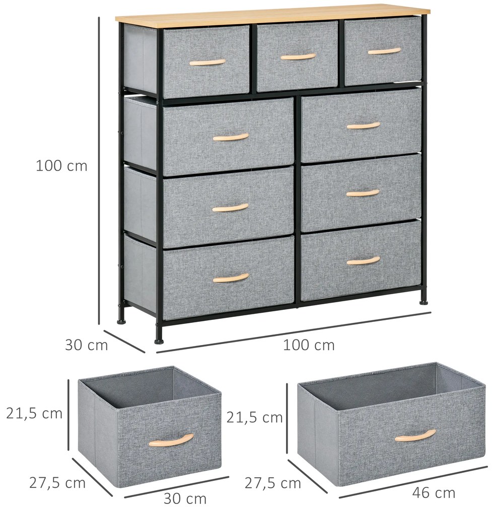 HOMCOM Comodă 9 sertare mobilier de depozitare sertar din material textil pliabil - structură oțel negru - 100 x 30 x 100 cm, stejar și gri | Aosom Romania