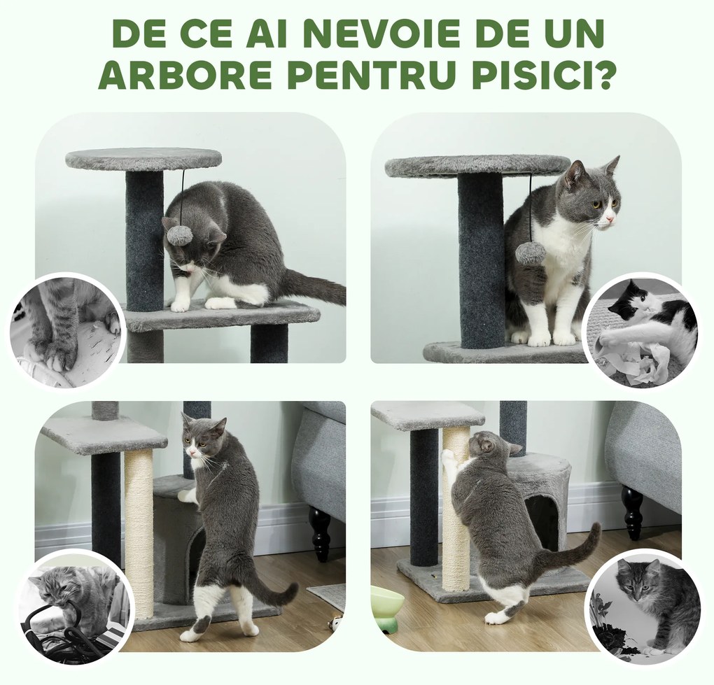 PawHut Ansamblu de joacă pentru pisici, multe niveluri cu stâlpi de sisal și Căsuță, 104cm,  Gri | Aosom Romania
