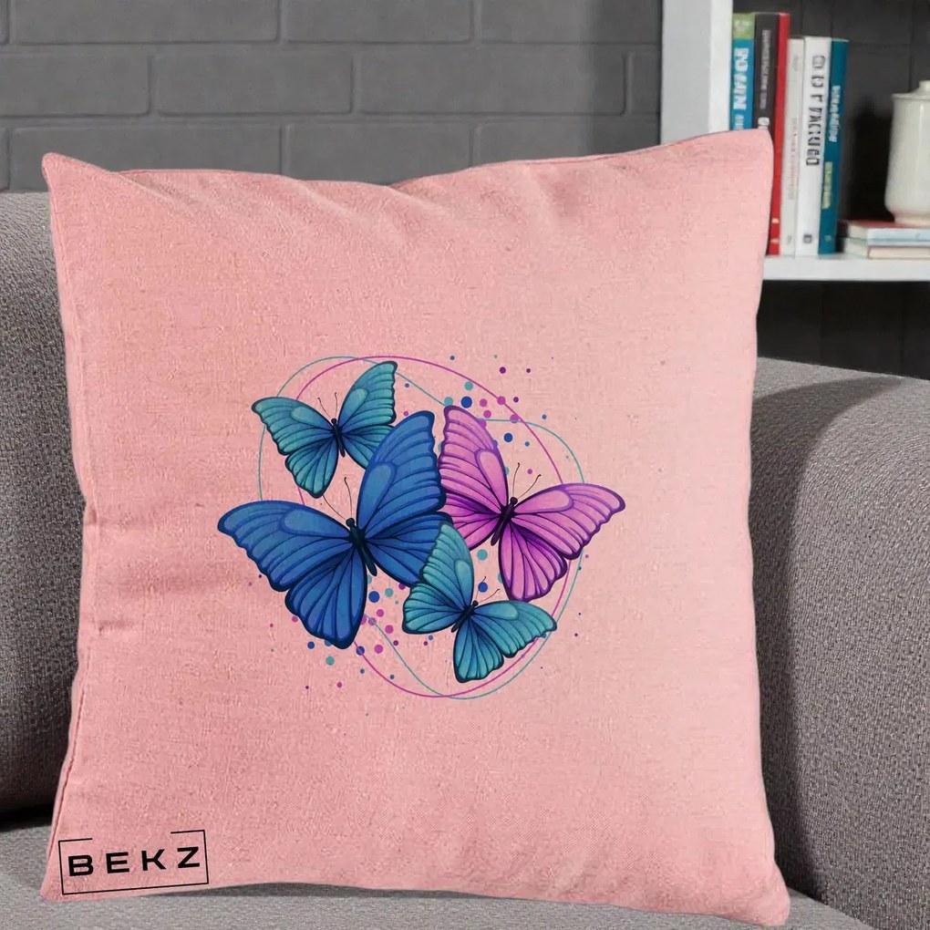 Perna Decorativa Patru Fluturi Turcoaz-Violet, 40x40 cm, Roz, Husa Detasabila, Perna Inclusa, BEKZ®