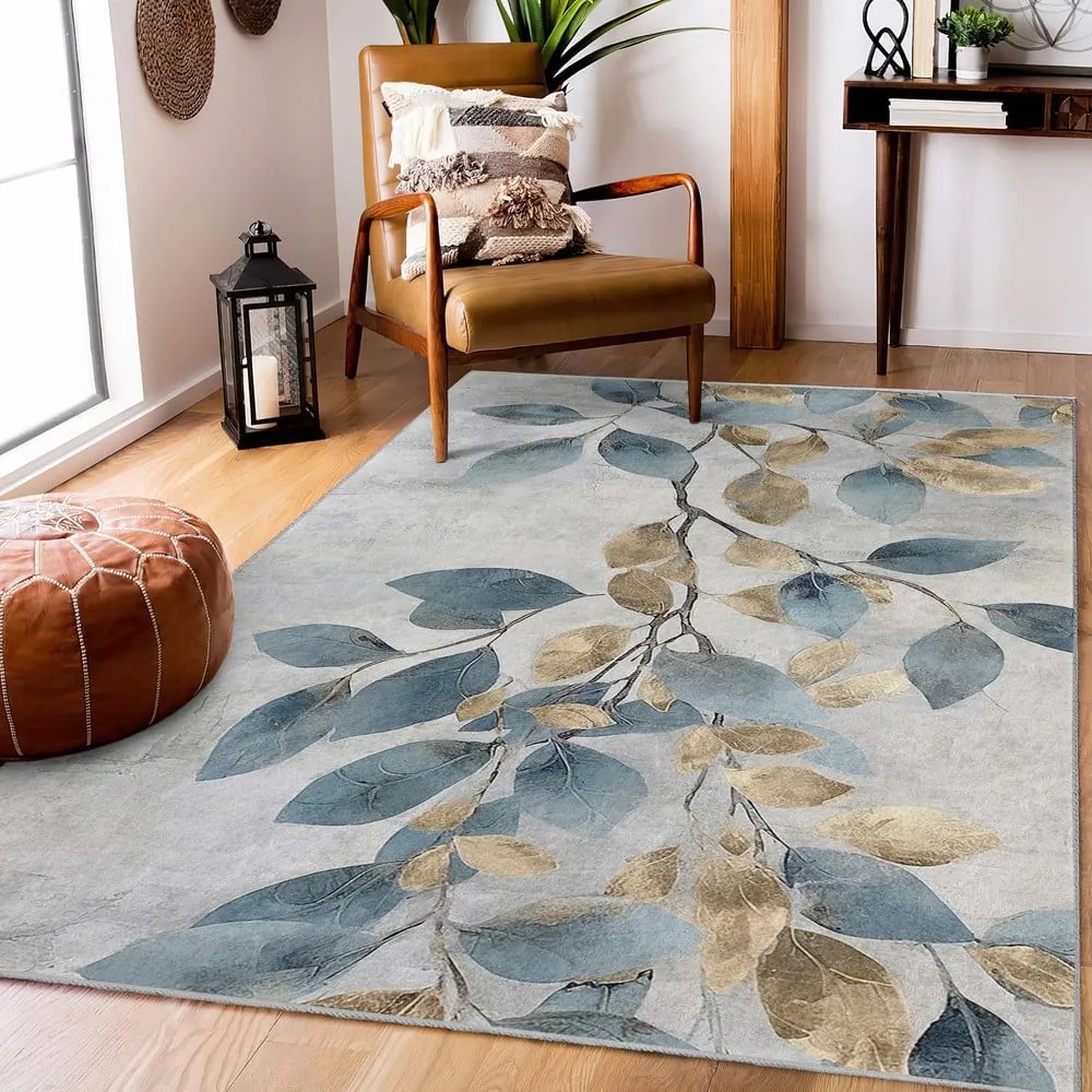 Covor albastru deschis/auriu lavabil 160x230 cm Golden Leaves – Mila Home