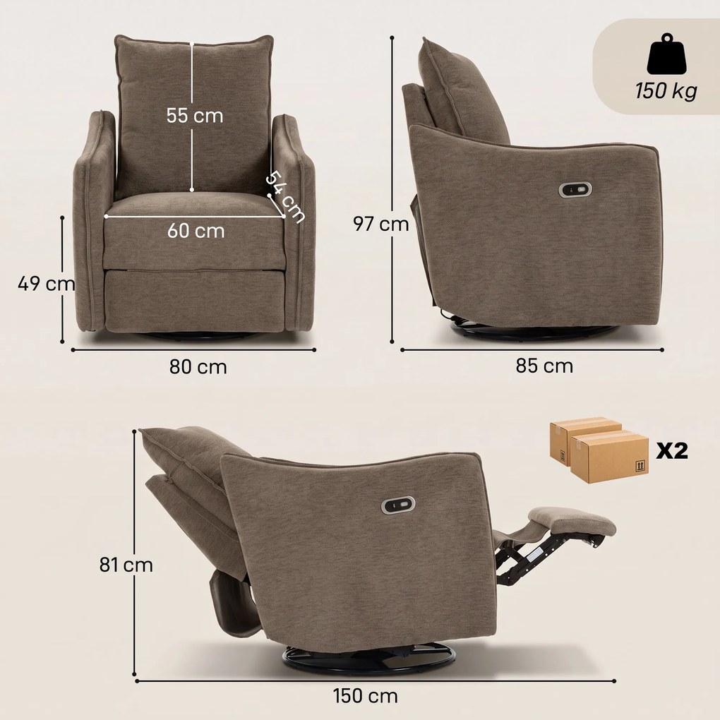 HOMCOM Fotoliu Recliner Electric 155° cu Suport pentru Picioare, Rotire 270°, Șezut Lat, Balans, Șenilă, Kaki | Aosom Romania