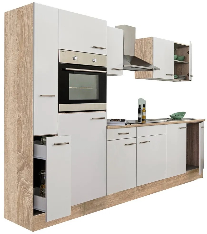 Mobilă de bucătărie Yorki 300, corp din stejar Sonoma, cu față alb satinat