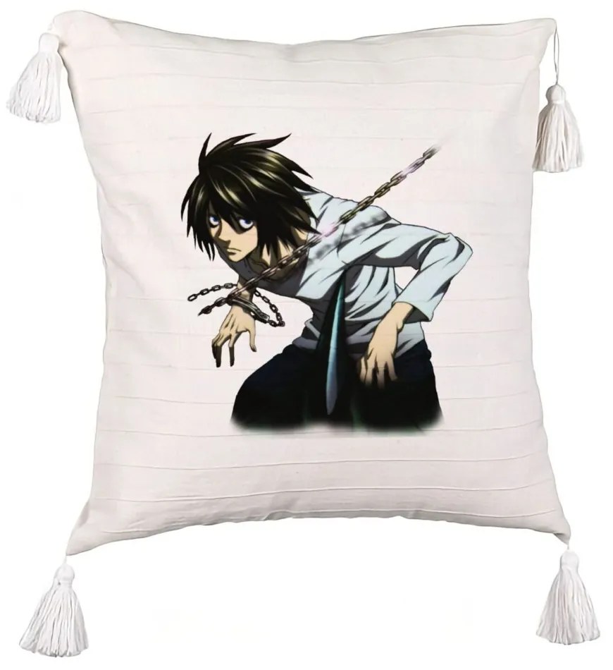 Perna Decorativa cu Franjuri cu Death Note L, 45x45 cm, Ecru, Cu fermoar