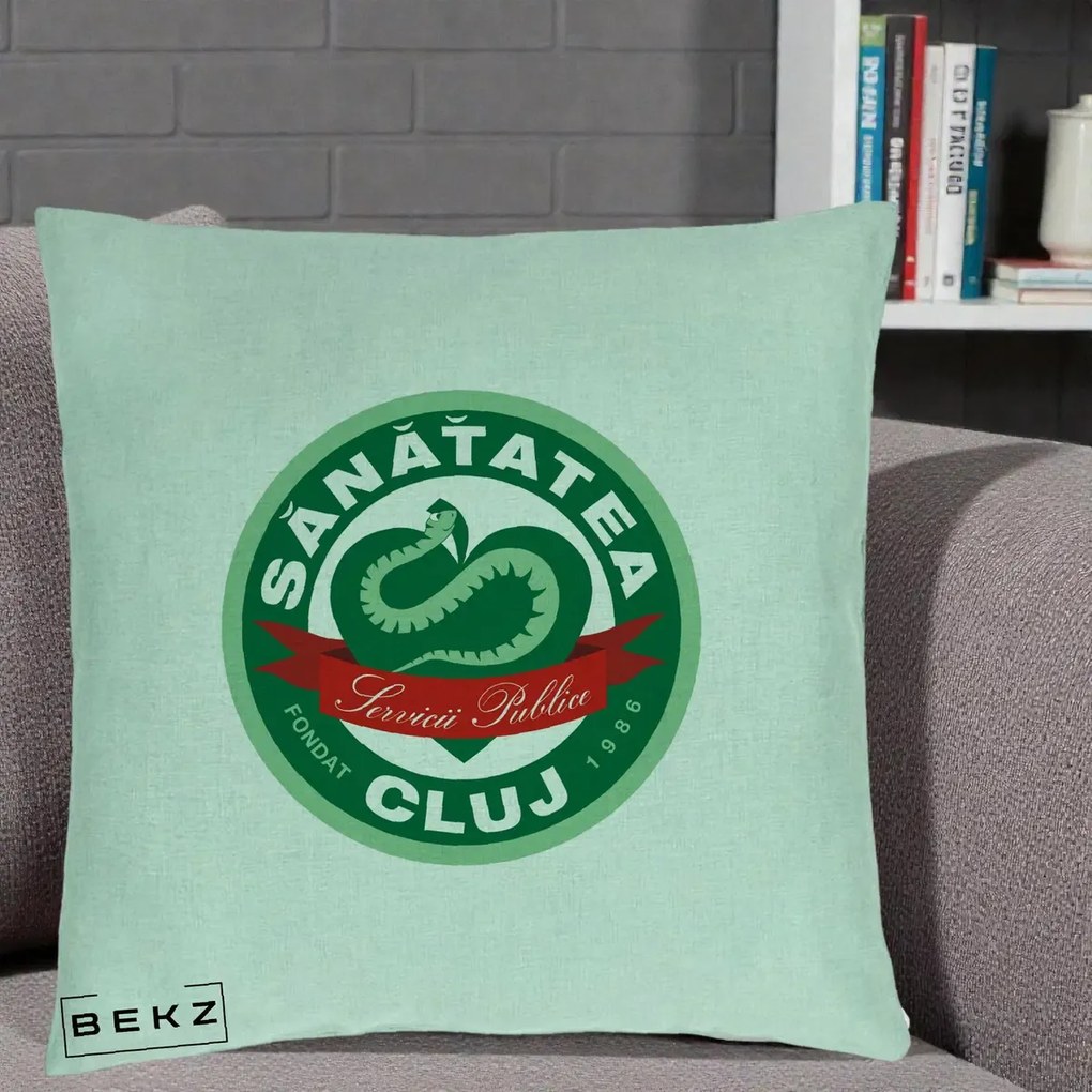 Perna Personalizata Sanatatea Cluj Servicii Publice 1986, 40x40 cm, Verde Menta, Husa Detasabila, Perna Inclusa, BEKZ®