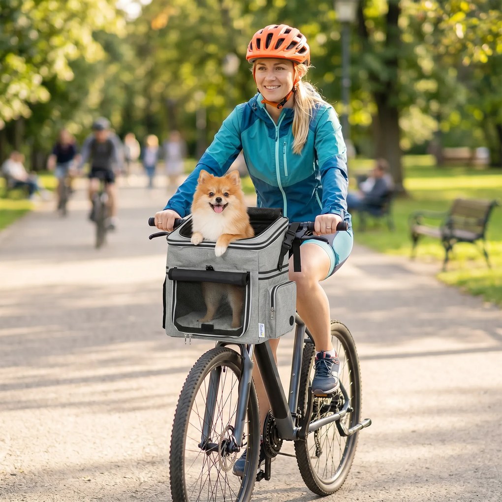 PawHut Coș Frontal pentru Bicicletă pentru Câini, cu Ferestre din Plasă, Pernă Moale și Bol, Gri Deschis | Aosom Romania