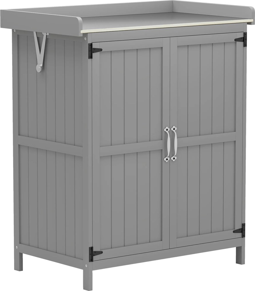 Outsunny Dulap de Exterior, Dulap pentru Ustensile cu Blat din Metal și Raft, Banc de Lucru din Lemn cu 2 Uși pentru Grădină, Terasă, Curte, Gri | Aosom Romania