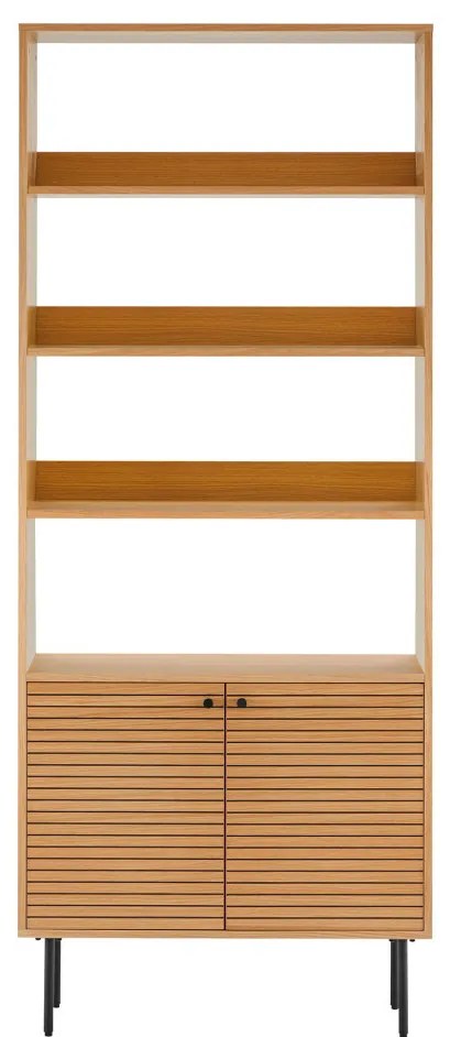 Bibliotecă Kyoto, 2 uși, 4 rafturi, furnir de stejar, natural, picioare din metal negru 80x30x200 cm