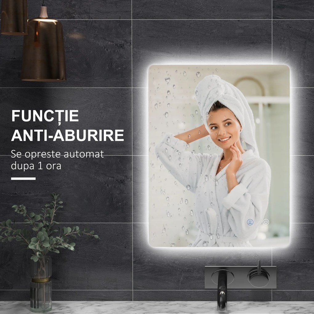 kleankin Oglindă de Baie cu Lumină LED, 3 Culori, Întrerupătoare Touch și Luminozitate Reglabilă, 70x50x3 cm, Transparent | Aosom Romania