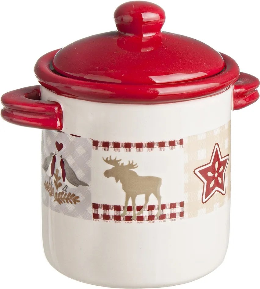 Borcan Craciun ceramic decorativ cu capac model Ren alb rosu 13xx14h
