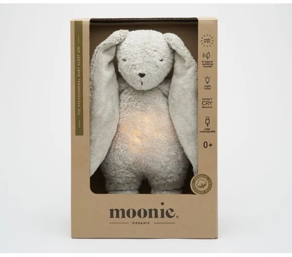 Pluș de îmbrățișat cu sunete și lumină Moonie iepuraș 2.0 organic grey
