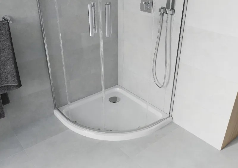 Mexen Rio cabina de duș semirotundă 90 x 90 cm, transparentă, cromată + cădiță Flat, albă - 863-090-090-01-00-4110