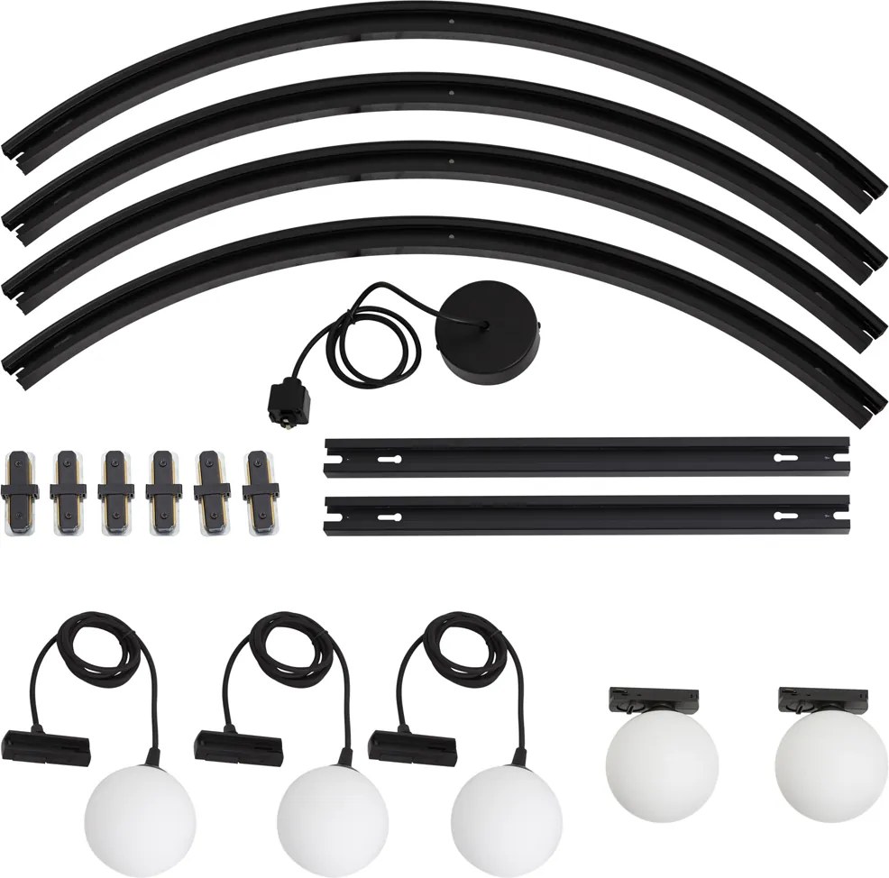 Sistem de iluminat pe șină oval modern negru cu 3 lămpi suspendate și 2 plafoniere albe monofazate - Iconic Perle