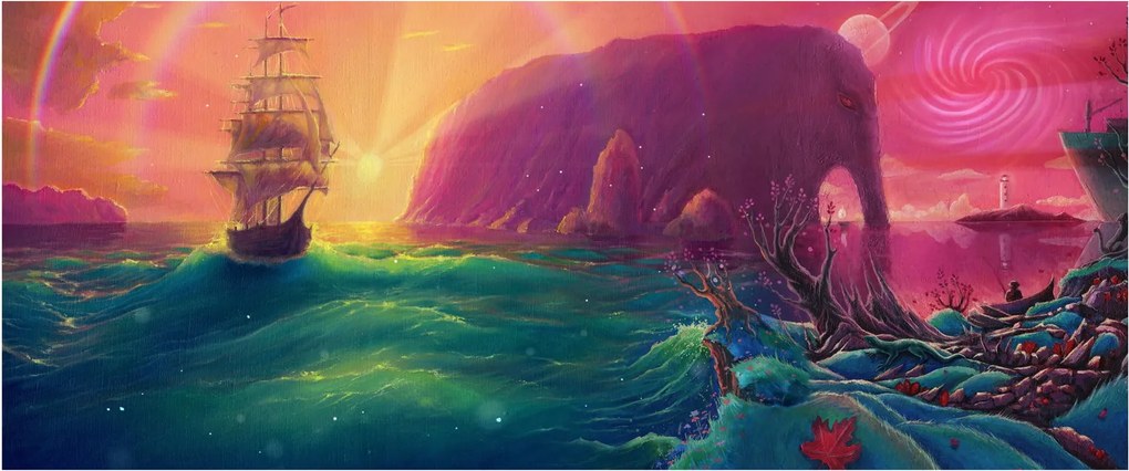 Tablou - Pictură în ulei, călătorie într-un țărăm fantastic (120x50 cm)