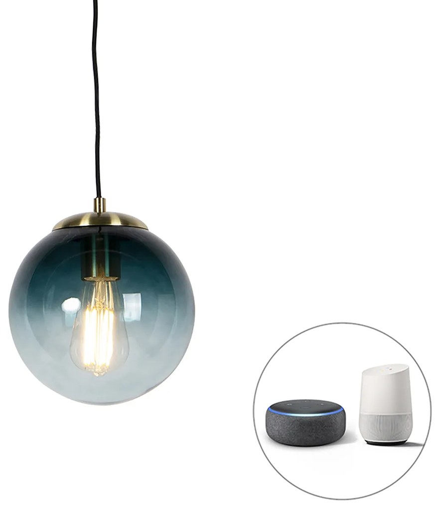 Lampă suspendată inteligentă din alamă cu sticlă albastră ocean 20 cm inclusiv Wifi ST64 - Pallon