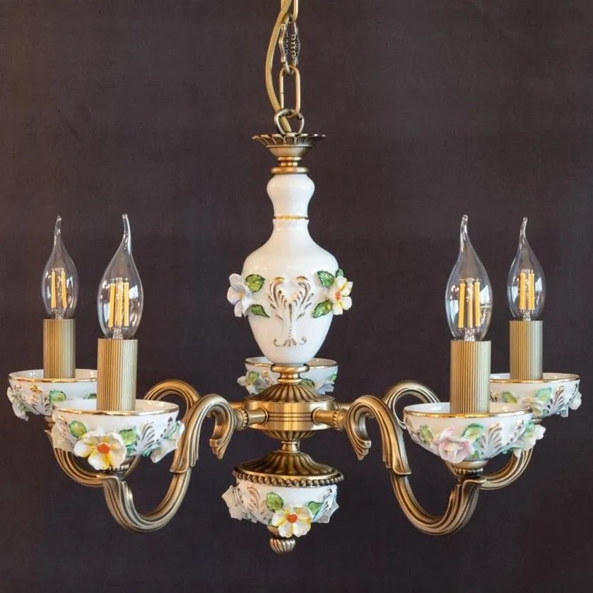 Lustra design italian cu 5 brate din alama si portelan colorat 9951