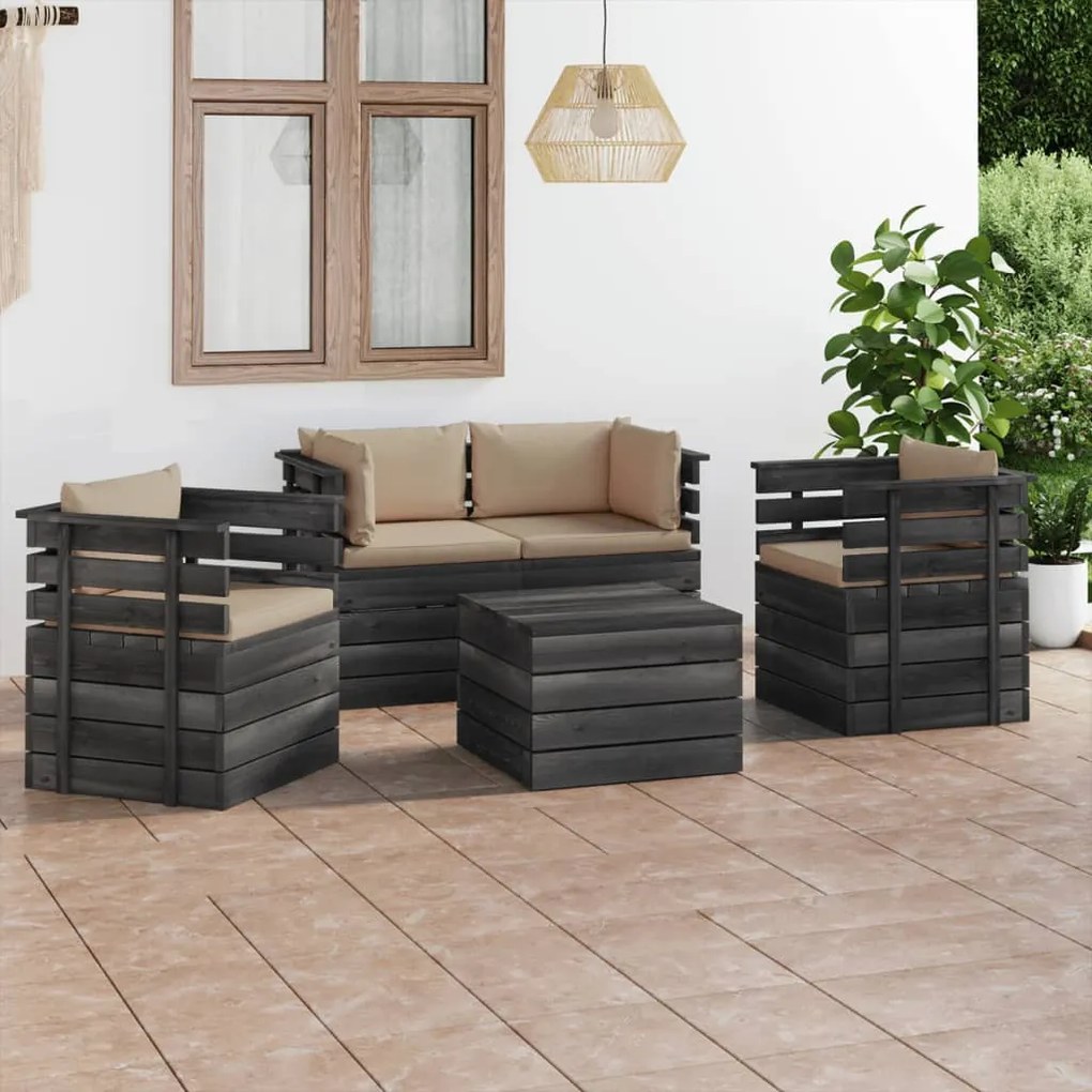 Set mobilier gradina paleti cu perne 5 piese lemn masiv pin Bej, 5