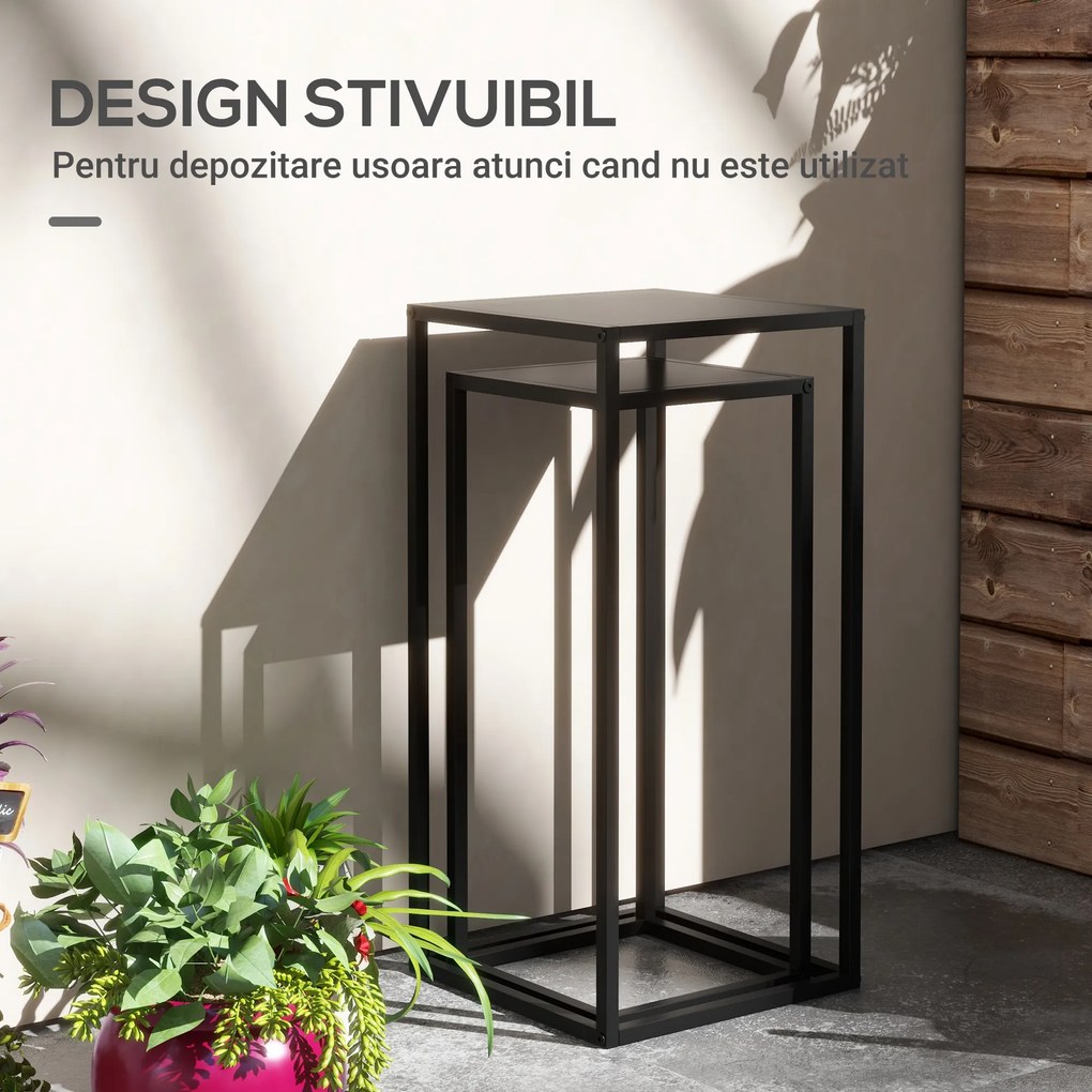 Outsunny Set de 2 Suporturi din Metal pentru Plante, Raft de Expunere a Florilor Stivuibil pentru Utilizare in Interior sau in Aer Liber | Aosom RO