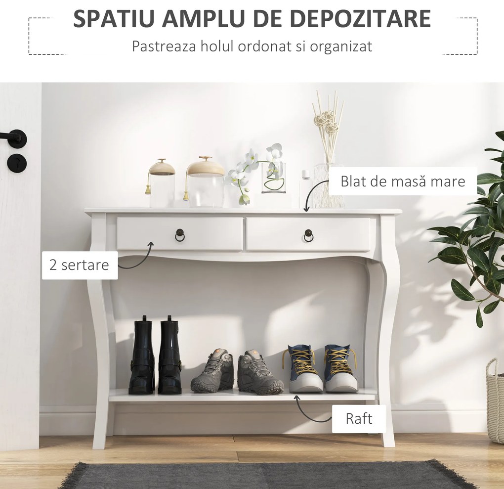 HOMCOM Consolă pentru Hol cu Raft Depozitare și Design Modern, 100x33x75 cm, Alb | Aosom Romania