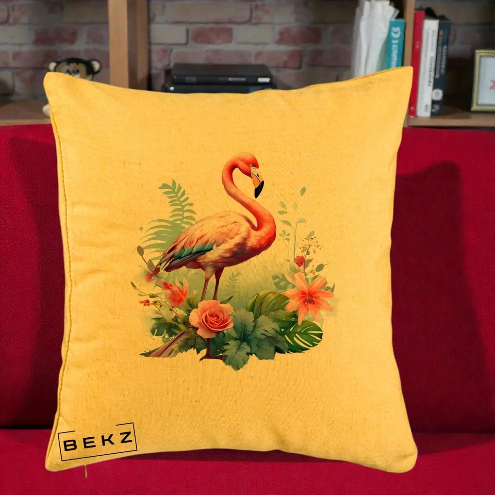 Perna Decorativa Flamingo cu Flori Tropicale Acuarela, 40x40 cm, Galben, Husa Detasabila, Perna Inclusa, BEKZ®