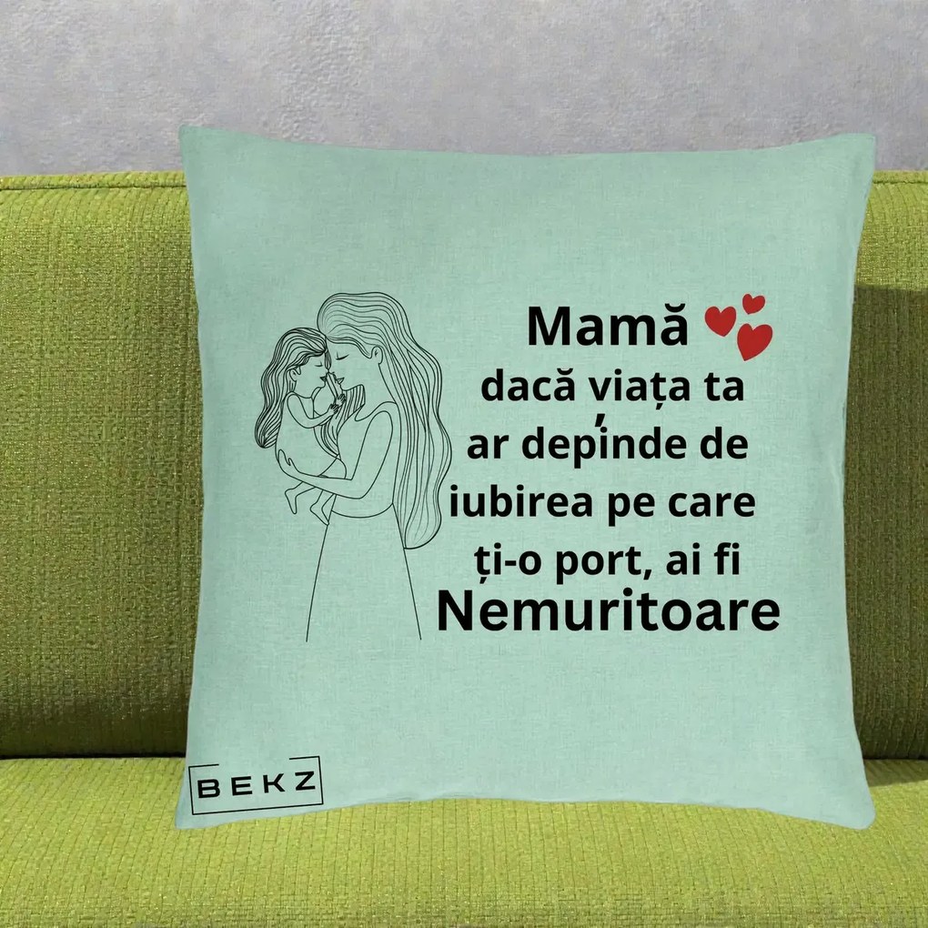Cadou pentru Mama - Perna Personalizata Mama Nemuritoare cu Copilul in Poala, 40x40 cm, Verde Menta, Husa Detasabila, Perna Inclusa, BEKZ®