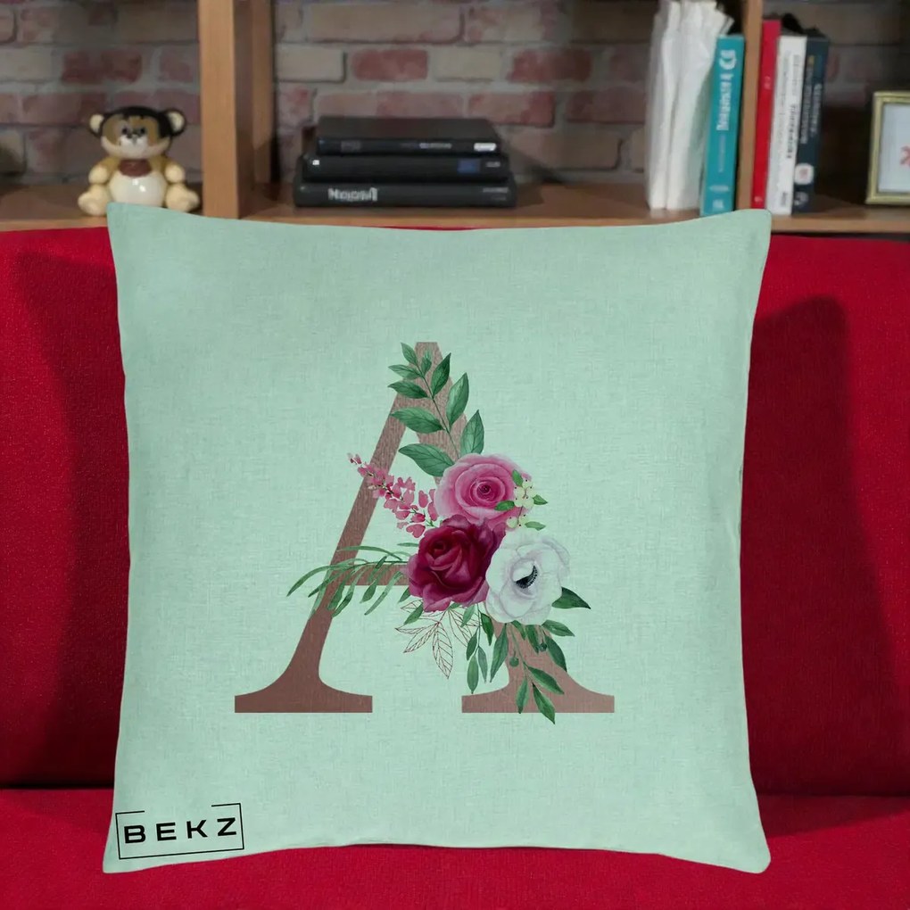 Cadou Personalizat - Perna Personalizata Monograma Rose Gold Litera A, 40x40 cm, Verde Menta, Husa Detasabila, Perna Inclusa, BEKZ®