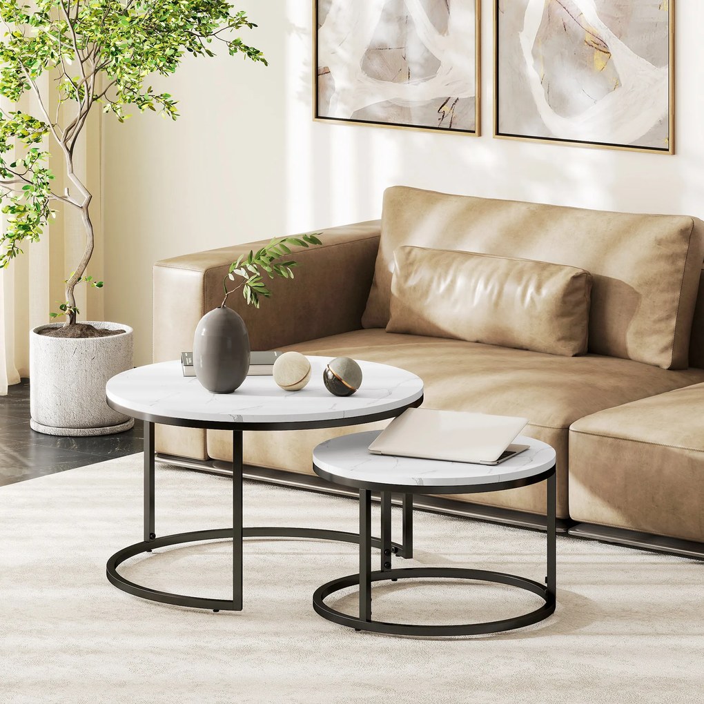 HOMCOM Set de 2 mese de cafea gigogne, stivuite, design industrial, picioare din metal, alb | Aosom Romania