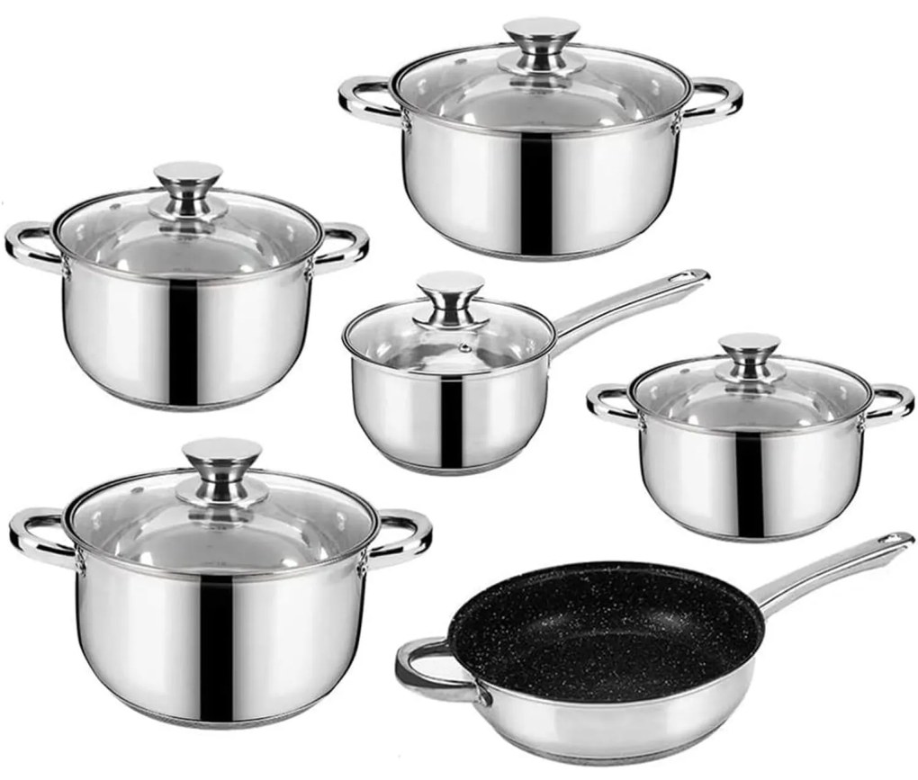 Set oale inox  si tigaie marmorata, cu capace, 12 piese Royalty Line RL 1231B