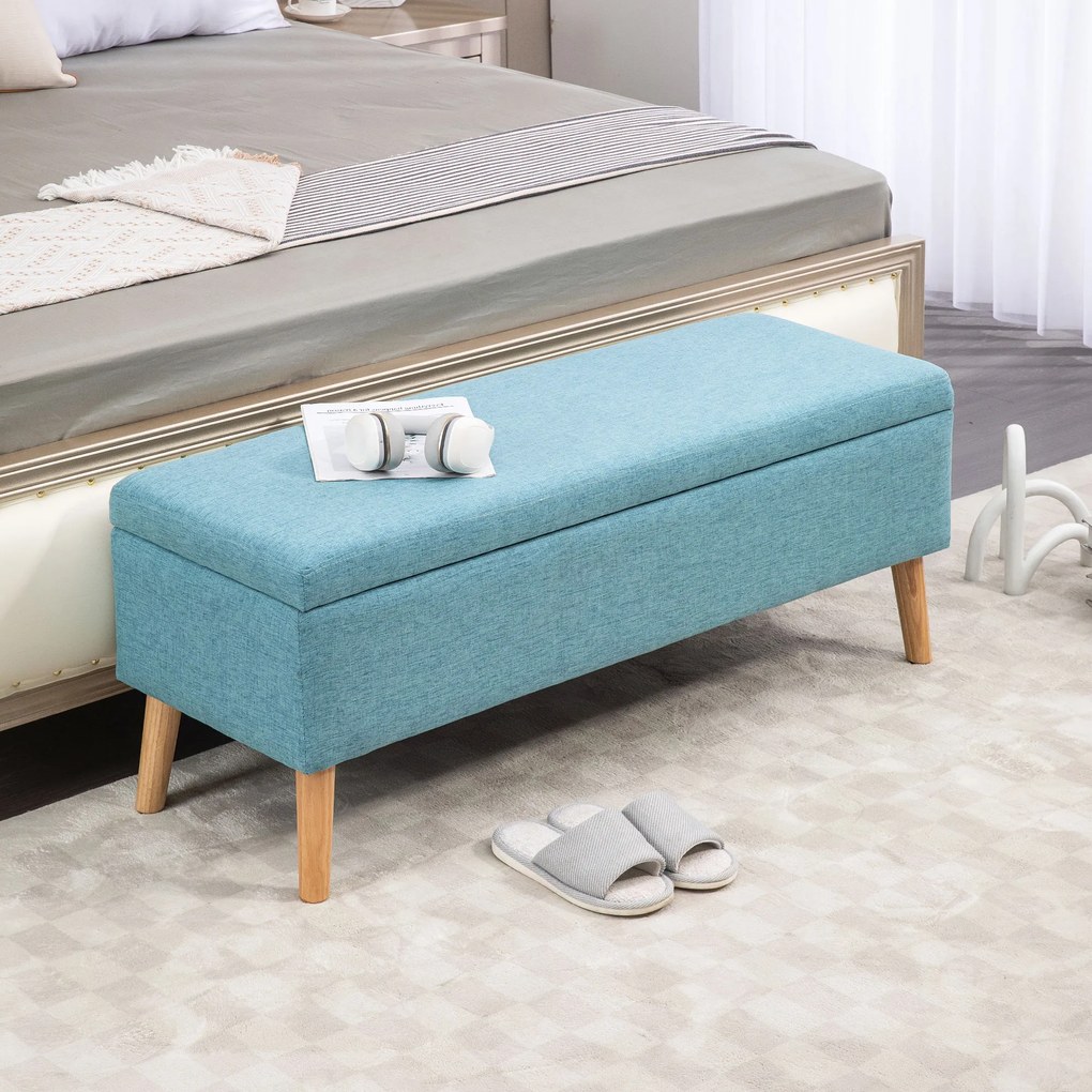 HOMCOM Bancă cu spațiu de depozitare, până la 220 kg, aspect din in, 110x39x45cm, Albastru | Aosom Romania