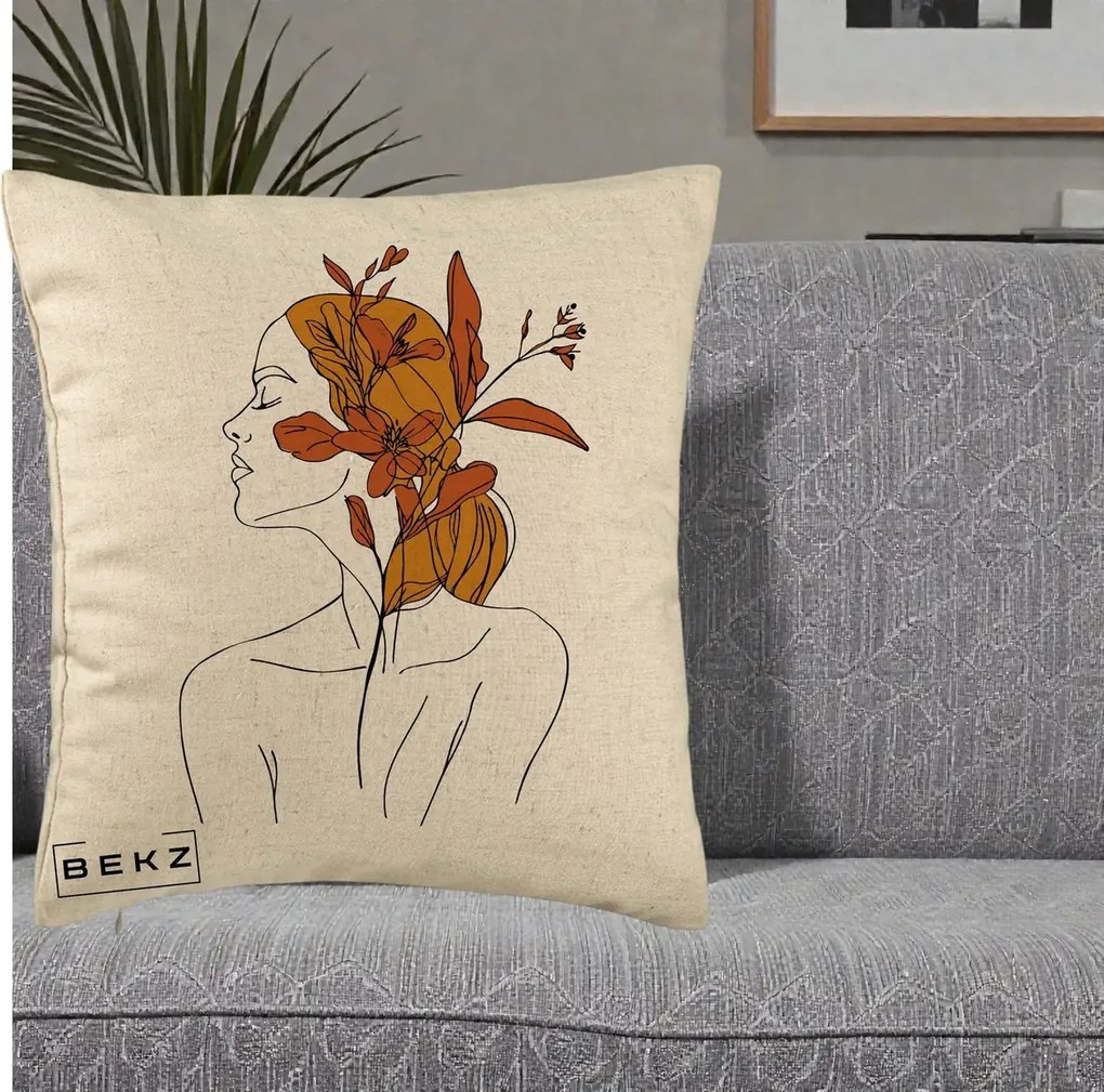Perna Decorativa Portret Feminin Crin Ruginiu Auriu, 40x40 cm, Bej, Husa Detasabila, Perna Inclusa, BEKZ®
