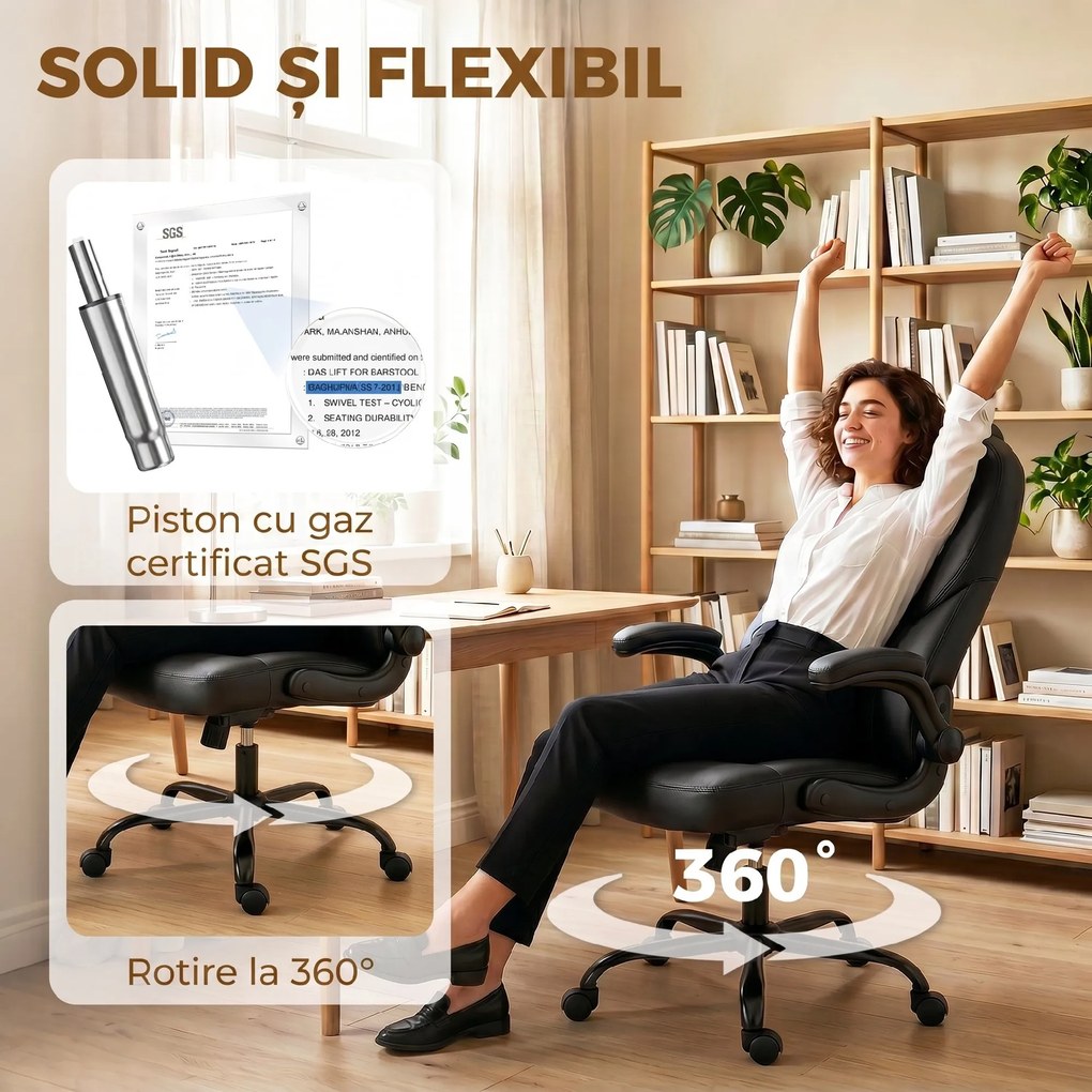 HOMCOM Scaun de Birou Rotativ, Funcție de Balansare, Suporturi Rabatabile pentru Brațe, Spătar Înalt, Înălțime Reglabilă, Negru | Aosom Romania