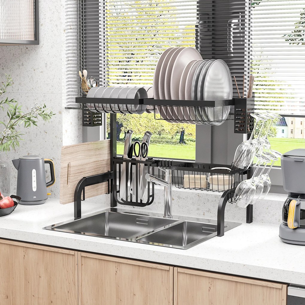 HOMCOM Uscător de Vase de Tip Stand Modular cu 2 Nivele 65x31.5x52.5 cm Negru | Aosom Romania