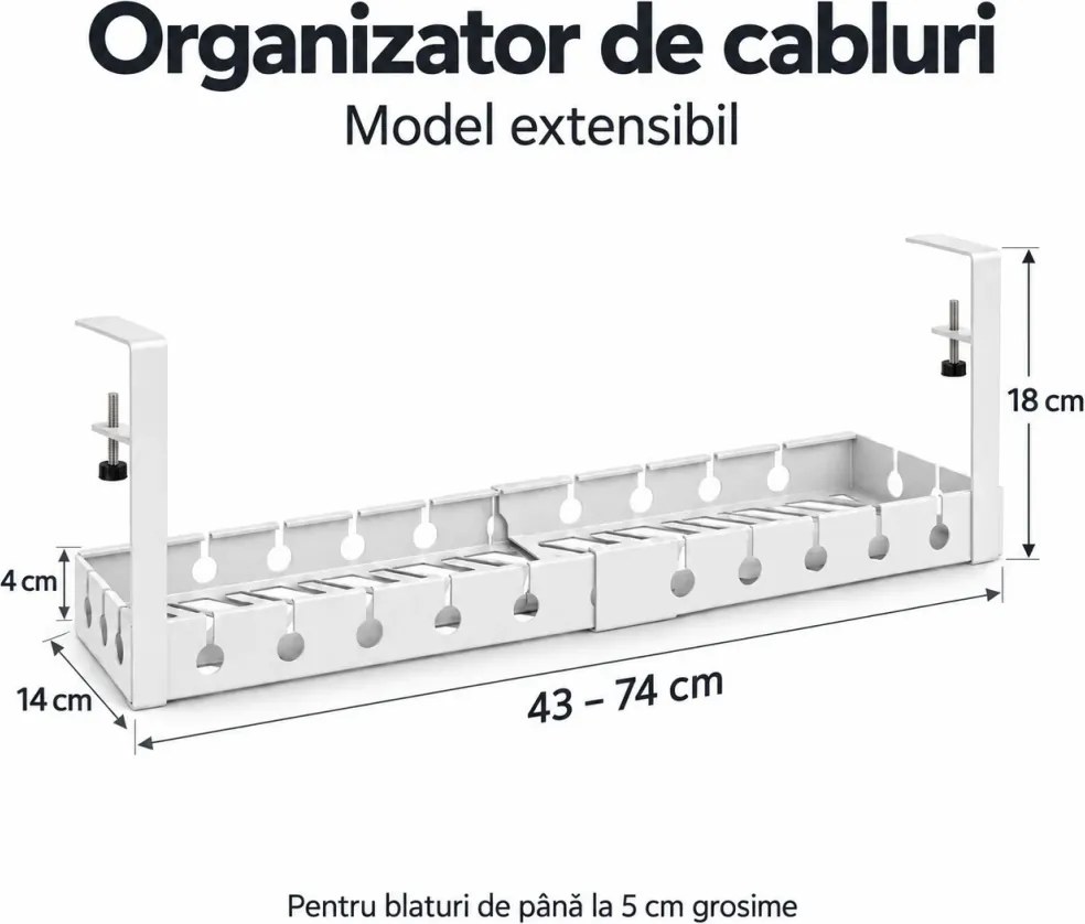 Organizator de cabluri sub birou, extensibil 43–74 cm, lățime 14 cm, prindere fără găurire, oțel carbon, Alb