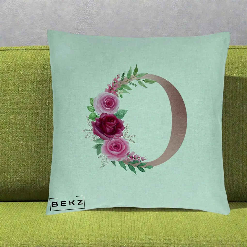 Cadou Personalizat - Perna Personalizata Monograma Rose Gold Litera O, 40x40 cm, Verde Menta, Husa Detasabila, Perna Inclusa, BEKZ®