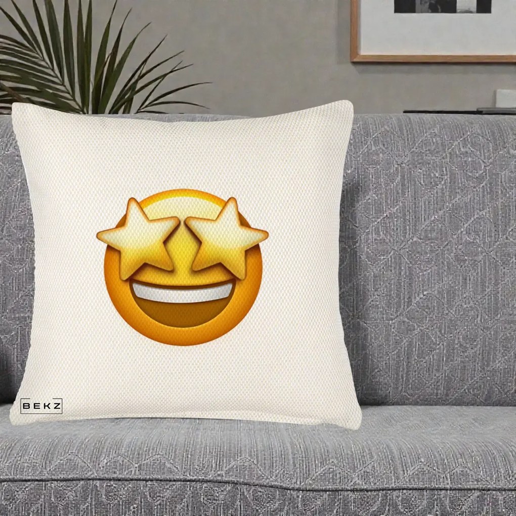 Perna Decorativa Emoji Ochi Stele, 40x40 cm, Crem Reliefat, Husa Detasabila, Perna Inclusa, BEKZ®