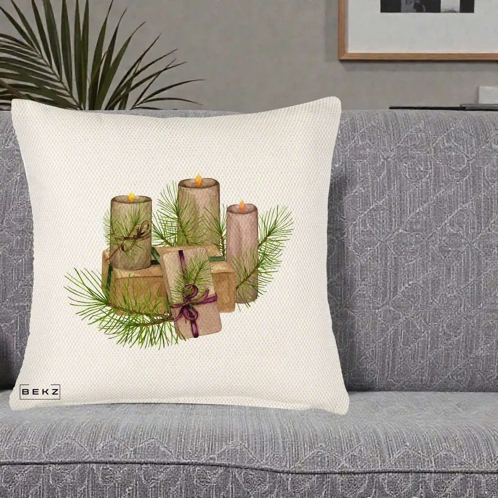 Perna Decorativa Lumanari cu Cadouri Naturale, 40x40 cm, Crem Reliefat, Husa Detasabila, Perna Inclusa, BEKZ®